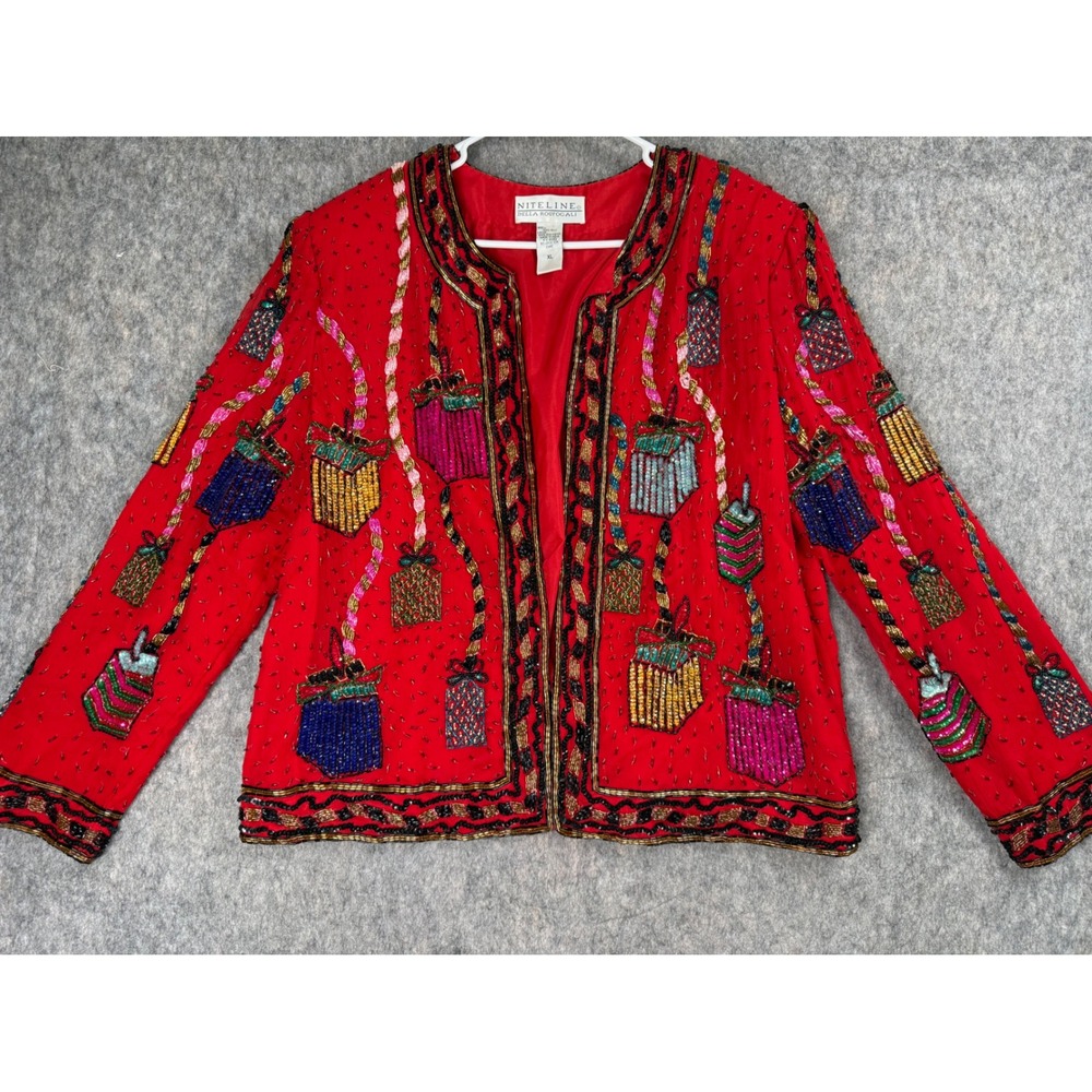 Nite Line Della Roufogali Red Silk Beaded Christmas Present Holiday Jacket XL